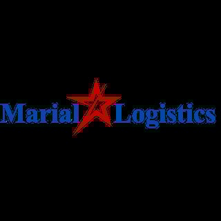 Marial Logistics company logo with blue text and red star symbol on black background